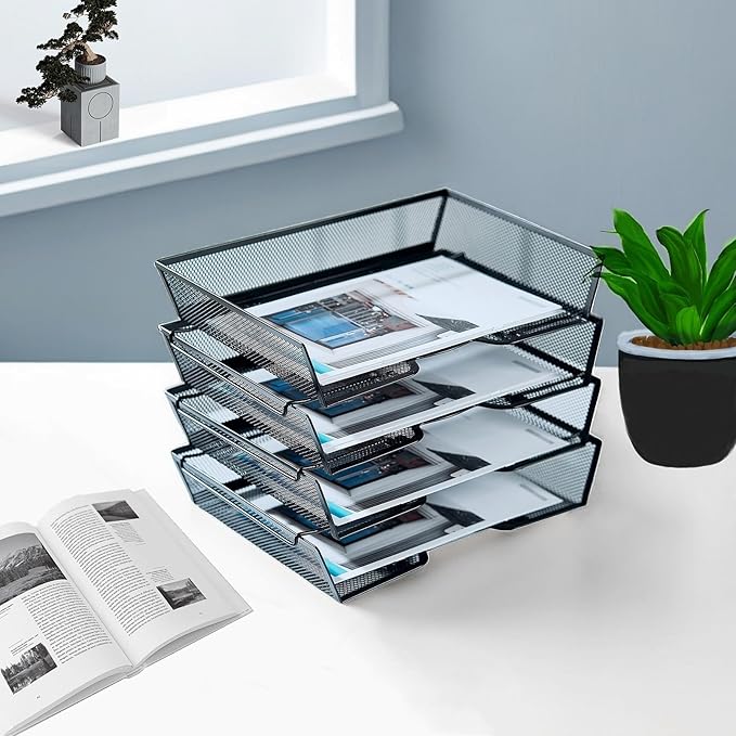 SETTFRFE 4 Tier Metal Mesh Desk Organizer-Stackable Paper Tray for Home, Office,School,Black File Storage System with Reinforced Edges
