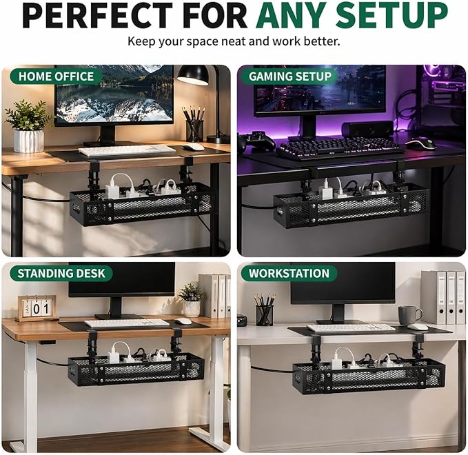 Under Desk Cable Management Tray, Metal Desk Cord Organizer, Adjustable Clamp, No Drill, Durable Desk Cable Organizer – 15.7''