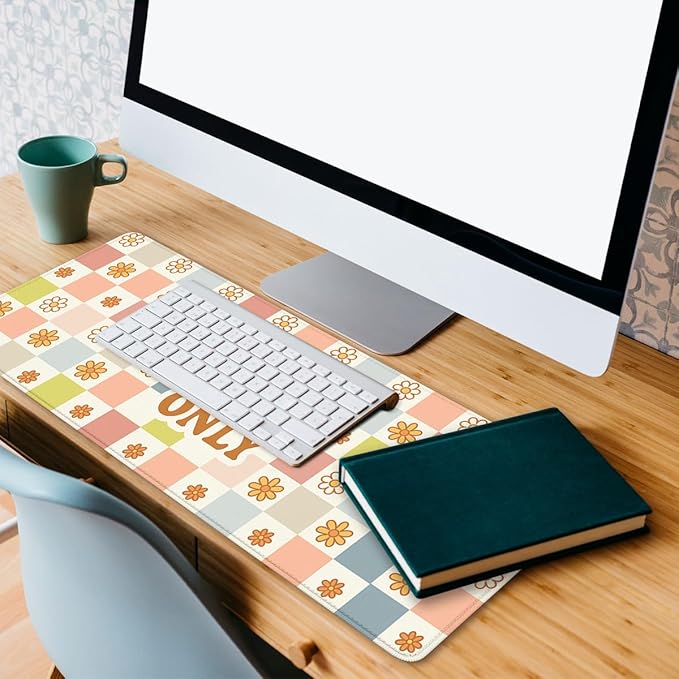 Retro Daisy Desk Pad Mouse Pad Cartoon Colorful Cute Floral Checker Mouse Pad Large Mousepad Extended Laptop Keyboard Mat Gaming Desk Pad Mouse Mat 31.5"x11.8"