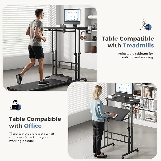DUMOS Split Top Rolling Standing Desk, 23.6" Mobile Laptop Desk, Manual Height Adjustable Workstation on Wheels, Sit Stand Office Table, Walking Pad Study Desk, Black