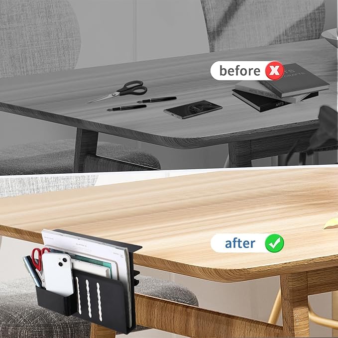 Desk Side Storage Organizer, Under Desk Laptop Holder with Magnetic Pen Holder, No Drill Hanging Desk Caddy for Office & Home, Clamp On Desk Shelf for Tablet, Files, Accessories (Black)