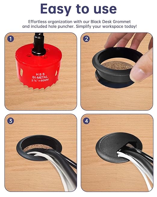 Desk Grommet & Cable Grommet 2-3/8 Inch (10 Pack) - Black Cord Hole Cover with Hole Saw - Cable Management Kit for Office Desk, TV Stand, Workstation - Hide Wires Behind Wall, Cable Pass Through
