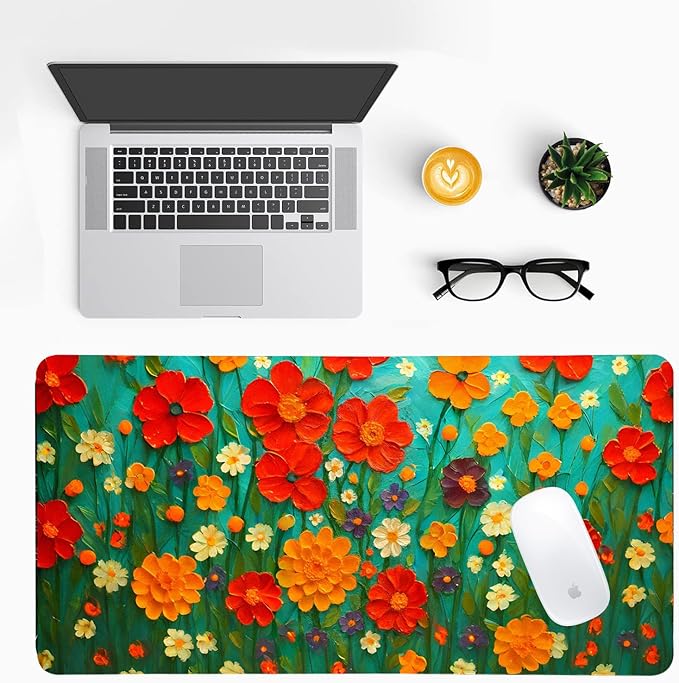 Oil Painting Flowers Desk Mat for Women, Large PU Leather Desk Pad with Non-Slip Base, Aesthetic Office Keyboard Cover for Gaming & Home Work, Artistic Desk Decor (27.56 * 13.78in)