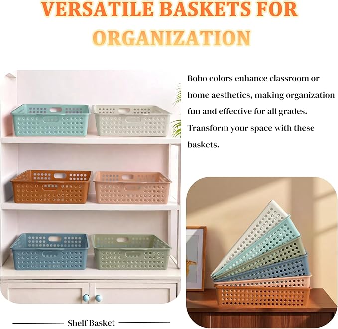 RAUVOLFIA 6 Pack Plastic Turn in Paper Trays for Classroom, Colorful Storage Bin Basket Organizers for School Supplies, Classroom Organization and Storage Tray Holds 4A Paper (Boho)