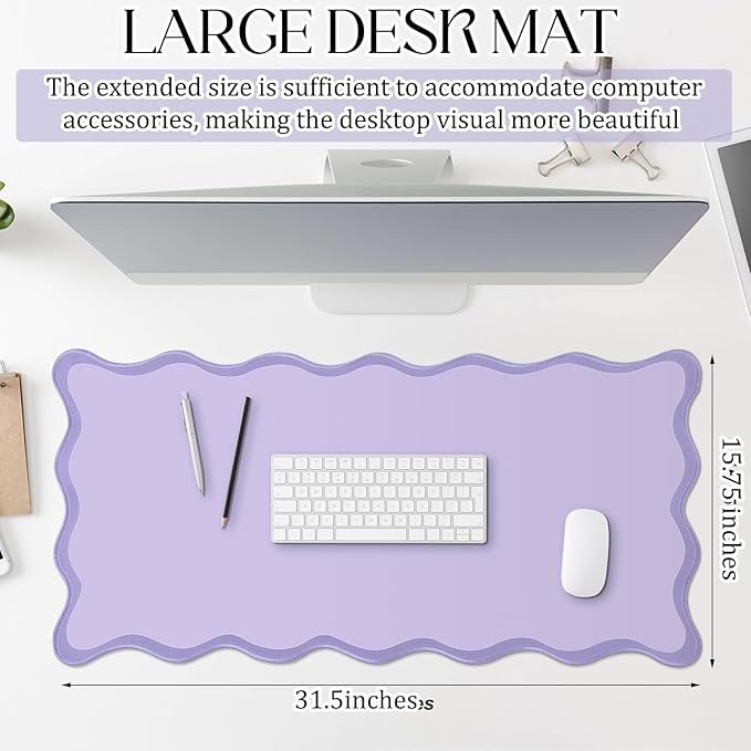 Hahafelt Scalloped Desk Mat Large Desk Pad Cute Coquette Table Mat Aesthetic Preppy Table Make up Pad Nonslip 2026 Graduation Gift with Stitching Waterproof Gaming(Purple,31.5 x 15.8 Inches)