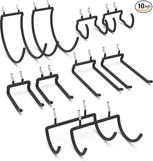HUHOLE 10-Pack Heavy Duty Pegboard Hooks for Power Tools & Garage Organization, Vinyl-Coated Steel Drill Holders & Utility Hangers, Fits Standard 1/4" Pegboards (Black) | Heavy Duty