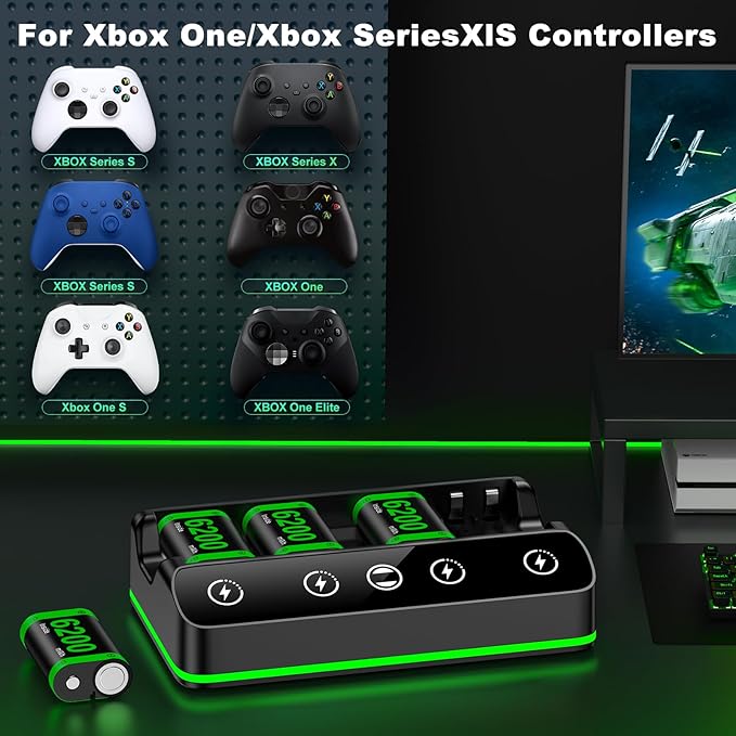 Rechargeable Xbox Controller Battery Pack Charging Station,4x6200mWh Xbox Battery Pack with Fast Charging Station