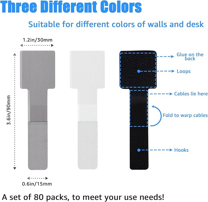 80PCS Hook and Loop Cable Ties, Under Desk Cable Management, Adhesive Cable Straps, Cord Management Hider Idea, Cord Organizer for Desk, Computer Accessories, Home Office Organization, Black+Gray