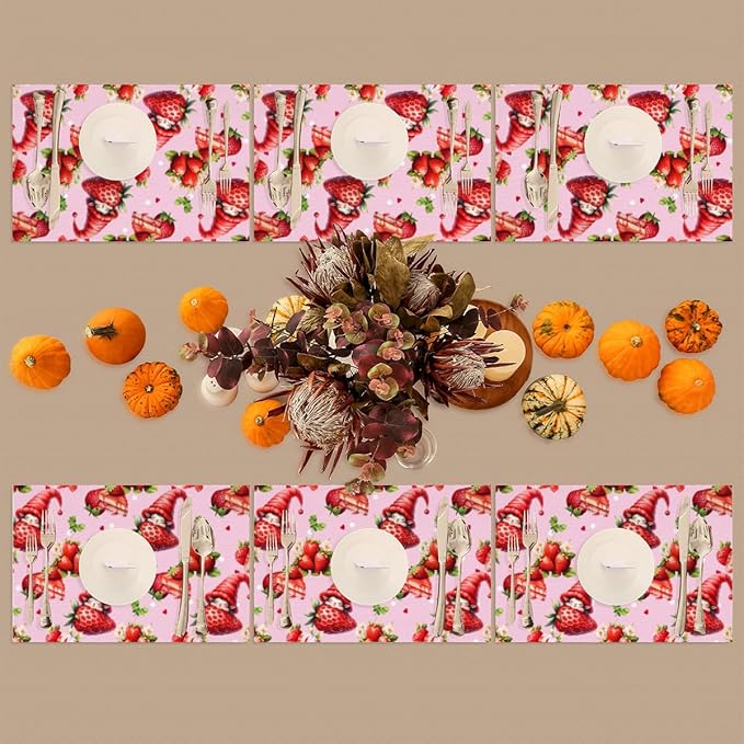 Placemats Set of 4 Heat-Resistant Rectangle Place Mats Strawberry Pink Cute Washable Plastic PVC Dining Table Mat Non-Slip Wipeable Woven Vinyl Placemat for Kitchen Patio Table Decor