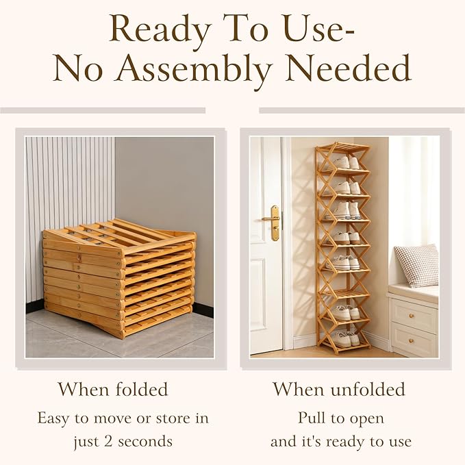 Foldable Shoe Rack, Tier No-Assembly Bamboo Rack, 2026 New Portable Bamboo Corner Shoe Rack, Multifunctional Narrow Shoe Shelf for Entryway, Closet, Corner, Bedroom (4 Layers)