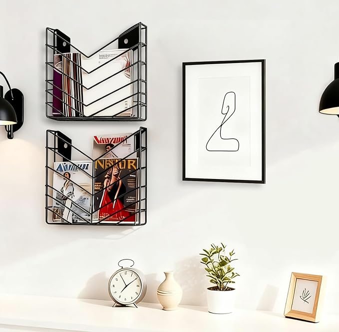 CROISSANT Black Wall Mounted File Organizer,Metal Magazine Basket, Concave Wall Mounted Magazine Rack, Suitable for Hanging File Folders for Office Living Room (Black, 4 Pack)