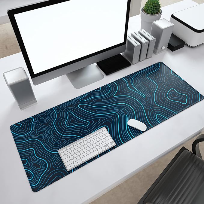Ovenbird Gaming Mouse Pad with Stitched Edges, Topographic Map Blue Extended XL Mousepad with Anti-Slip Base, Cool Large Mouse Pad for Desk, 31.5 x 11.8 in, Blue