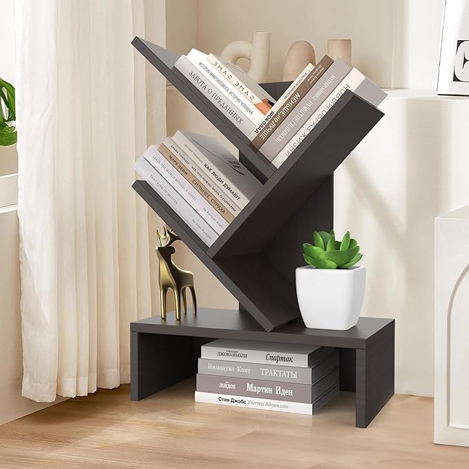 Godferyxin Small Bookshelf with Drawer for Desk,Compact Wood Book Organizer for Home Office, Bedroom, or School, 4-Tier Mini Bookcase with Storage for Decor