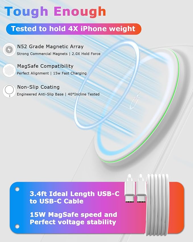 Magnetic Phone Charger Stand, Hands-Free Phone Holder, for iPhone 17-12 Samsung S26/S25 Google Pixel 10, Ideal for Office Desktop Nightstand, Qi-Certified, Lunar White, No Adapter
