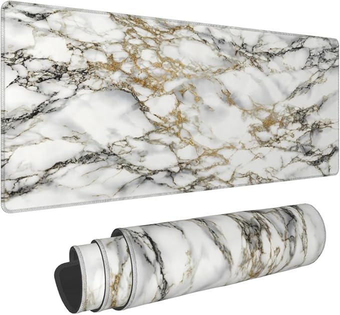 White Black Gold Marble Texture Large Mouse Pad & Desk Mat Extended Mousepad Non-Slip Rubber Base Laptop Computer Keyboard Pad for Gaming, Office & Home Decor, XL - 31.5" X 11.8"