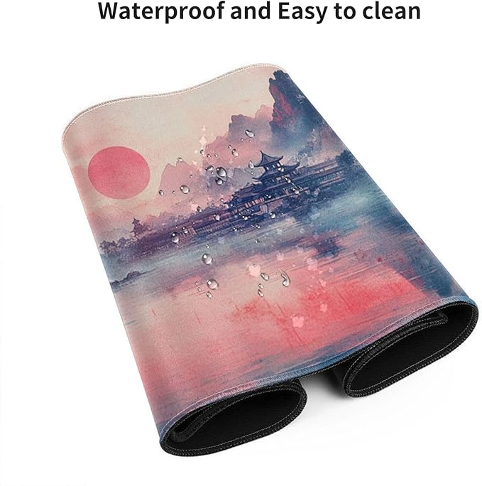 Landscape Ink Painting Gaming Mouse Pad, Extra Large Gaming Mouse Pads, Waterproof, Non Slip, Big Computer Mousepad Mice Pads Desk Pad Stitched Edges for Women Office Home (48"x24", Pink)