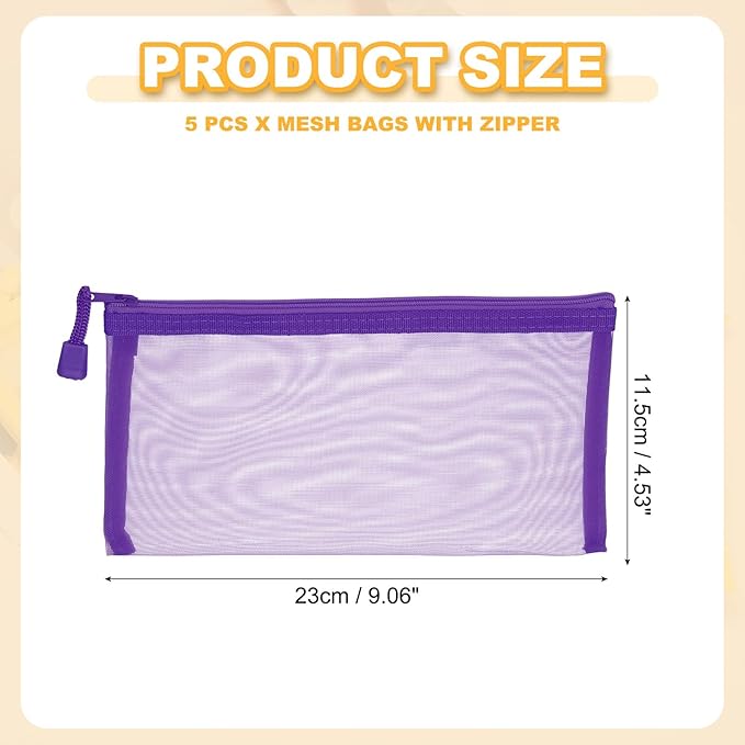 PATIKIL B6 Mesh Zipper Pouch Bags, 5 PCS Mesh Bags with Zipper Plastic Storage Pocket for Organizing File Beads Office Home Supplies, 11.5x23cm, Purple