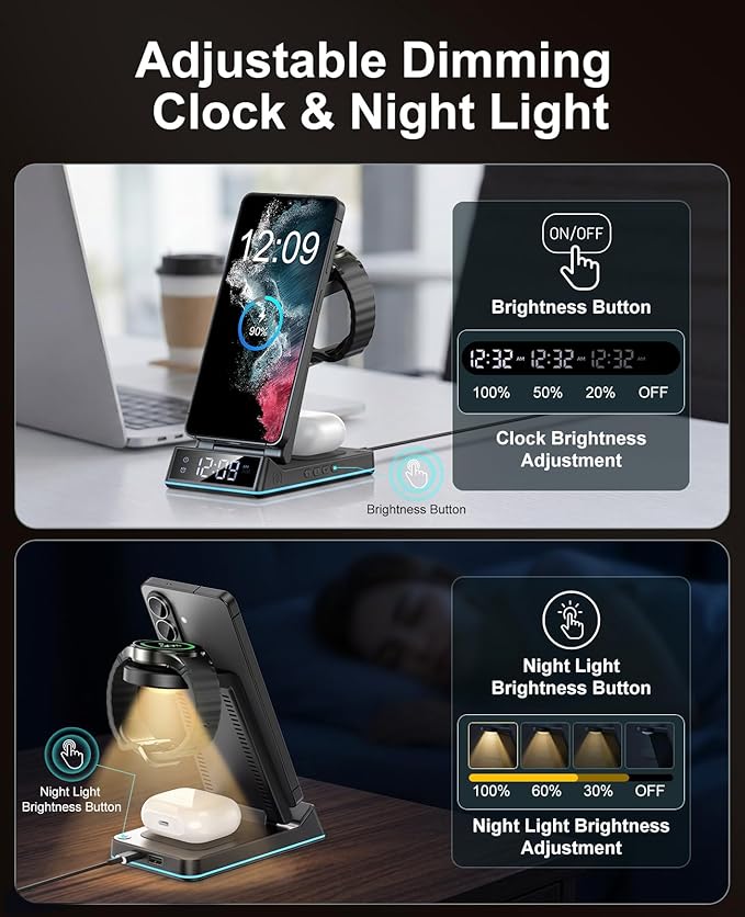 Wireless Charger for Samsung,7 in 1 Wireless Charging Station Foldable Fast Charger Stand with Night Light/Alarm Clock for Samsung Galaxy S26/S25/S24/S23/S22/S21/Galaxy Watch Ultra/8/7/6 Galaxy Buds