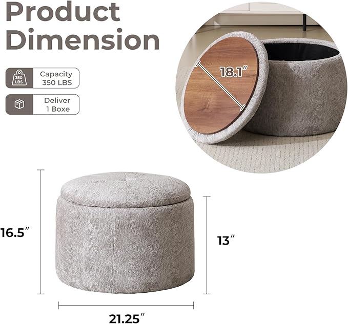 Modern Round Storage Ottoman with Reversible Tray Lid ,Chenille Ottoman Foot Stools , Ottoman Footstool with Hidden Storage , Storage Ottoman for Living Room , Multi-Functional Footrest , Light Grey