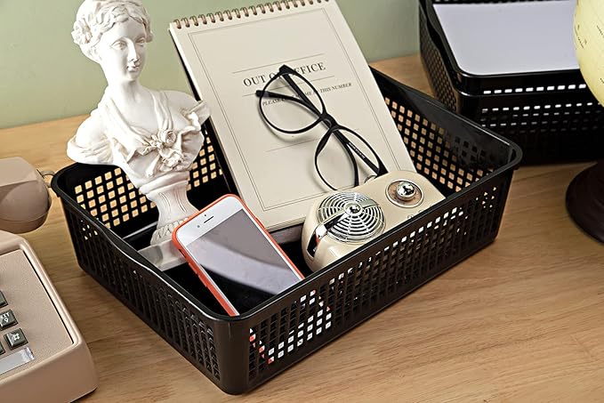 Eslite A4 Size Plastic Storage Basket,Desktop File Paper Letter Organizer Tray, 6-Packs (White+Black)