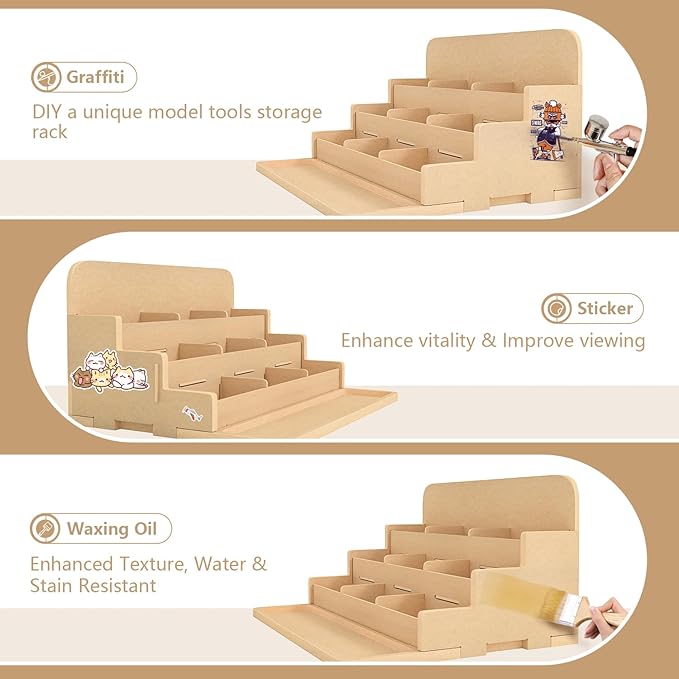 4 Tier Plastic Model Paint Rack - Ink Bottle & Miniature Model Tool Storage Kit, MDF Material Organizer for Tamiya/MR HOBBY Paint & Craft Supplies, GK3