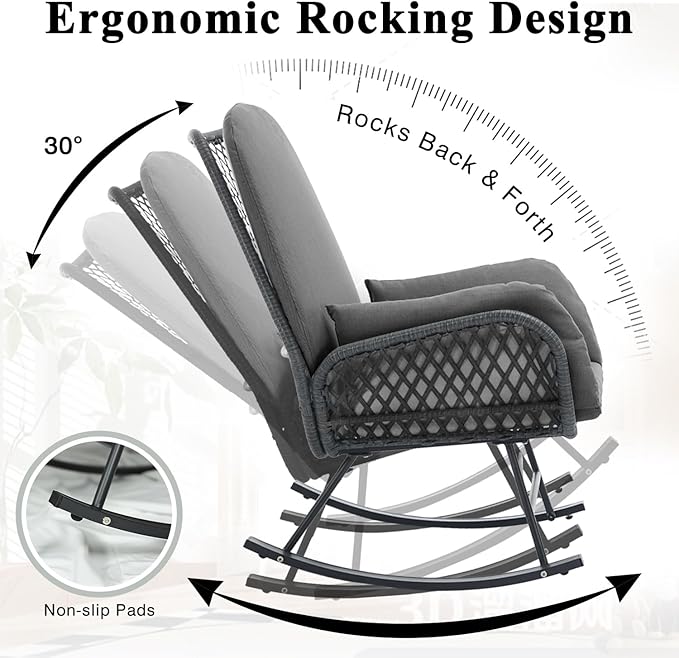Outdoor Rocking Chair with Ottoman, Patio Glider Rocking Chair with Cushion, Indoor Reading Chair with Foot Rest, Comfy Rattan Lounge Chair with Footstool for Porch, Bedroom, Living Room, Dark Grey