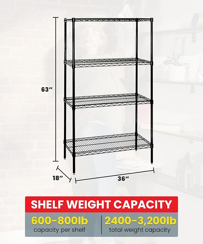 Quantum Storage Systems WR63-1836BK Starter Kit for 63" Height 4-Tier Wire Shelving Unit, Black Finish, 18" Width x 36" Length x 63" Height