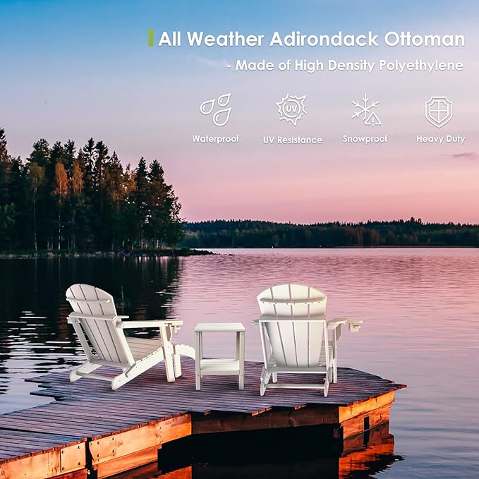 GREENVINES Adirondack-Ottoman | Set of 2 | HDPE Plastic | Outdoor Footrest | All Weather | Foot Rest | Foot Stool | White | for Adirondack Chair | for Patio Backyard Pool