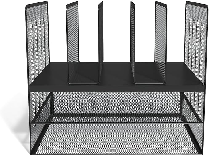 TRU RED Wire Mesh File Organizer, 7‑Compartment, Matte Black – Vertical Desktop Sorter for Files, Folders & Mail