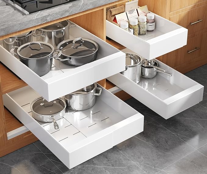 Seinloes 4 Pack Expandable Pull Out Cabinet Organizer 21" Deep With Raising Pad for Framed Cabinets,Upgrade 3 Slide Rails Slide Out Drawers,No Drill Roll Out Shelves,Adjustable Width 9"-14" White