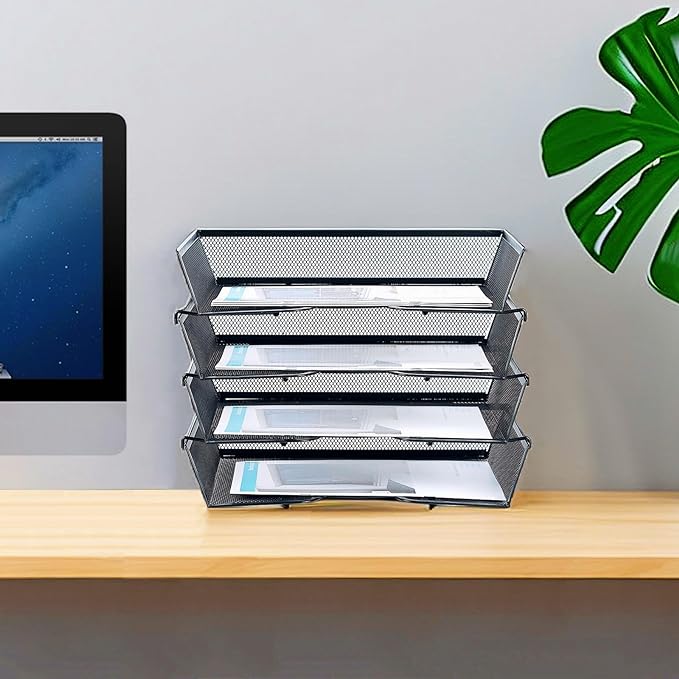 SETTFRFE 4 Tier Metal Mesh Desk Organizer-Stackable Paper Tray for Home, Office,School,Black File Storage System with Reinforced Edges