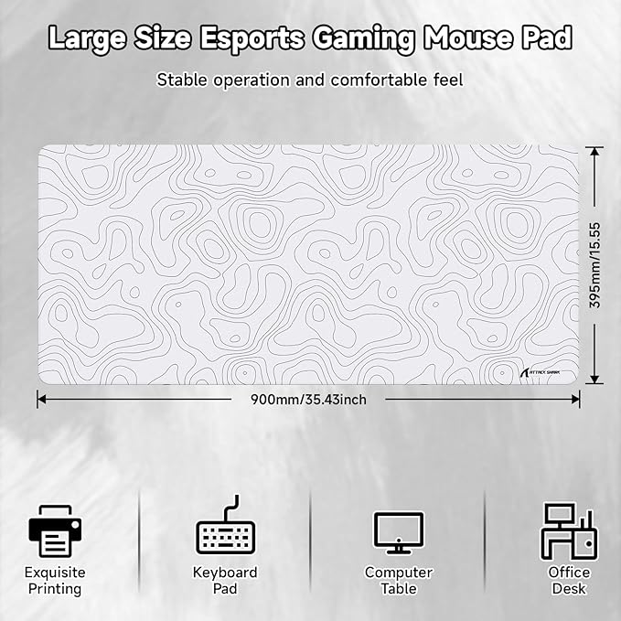 ATTACK SHARK CM02Pro Gaming Mouse Pad for Esports Speed Large Mouse mats for Desk Waterproof Surface Stitched Edges and Anti-Slip Rubber Base Size XXL Laminate 35.43” x 15.75” x 0.16” White Contour