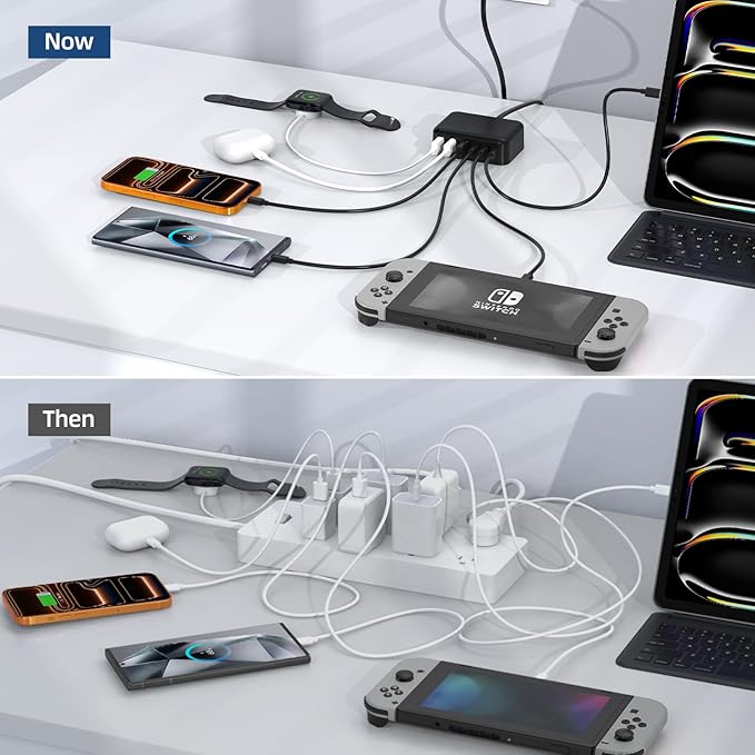 6 in 1 USB Charger, Charging Station for Multiple Devices, 100W Fast Charging Blocks with Type C Ports, USB Charging Hub Organizer Multiport Power Strip for iPhone, Ipad, Kindle, Travel Accessories