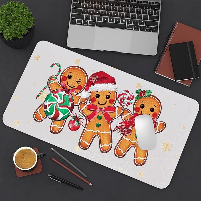 Christmas Desk Mat, Gingerbread Candy Cane Large Mouse Pad for Desktop, PU Leather Waterproof Desk Pad, Computer PC Laptop Protector Gaming Mouse Pads for School Office Home 23.6" x 11.8"