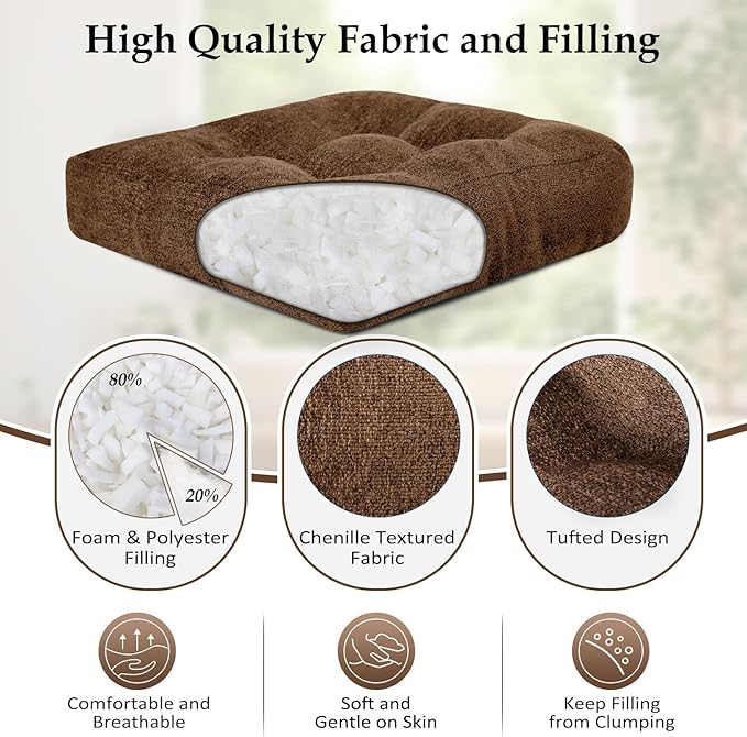 downluxe Chair Cushions for Dining Chairs 4 Pack, Tufted Indoor Chair Pads with Non-Slip Bottom, U-Shaped Kitchen Chair Cushions, 18"x18"x4", Brown