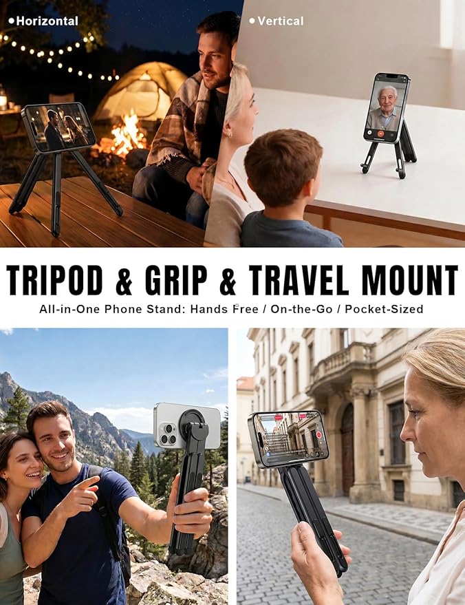 Magnetic Phone Stand & Foldable Laptop Riser, Matte Black Multi-Device Aluminum Desk Mount, N52 MagSafe Tripod Grip for Travel Office, Ergonomic Elevator for MacBook, iPad & iPhone