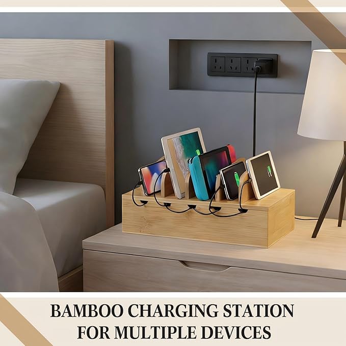 Bamboo Charging Station for Multiple Devices, Cell Phone Docking Charging Station Organizer and Cord Organizer for 10 Devices for Power Strip Storage, Phones and Tablets(Natural Wood Color)