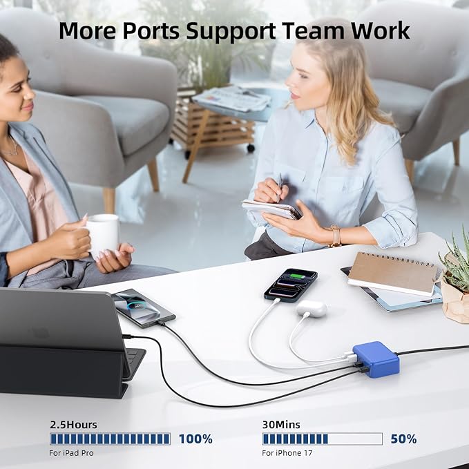 6 in 1 USB Charger, Charging Station for Multiple Devices, 100W Fast Charging Blocks with Type C Ports, USB Charging Hub Organizer Multiport Power Strip for iPhone, Ipad, Kindle, Travel Accessories