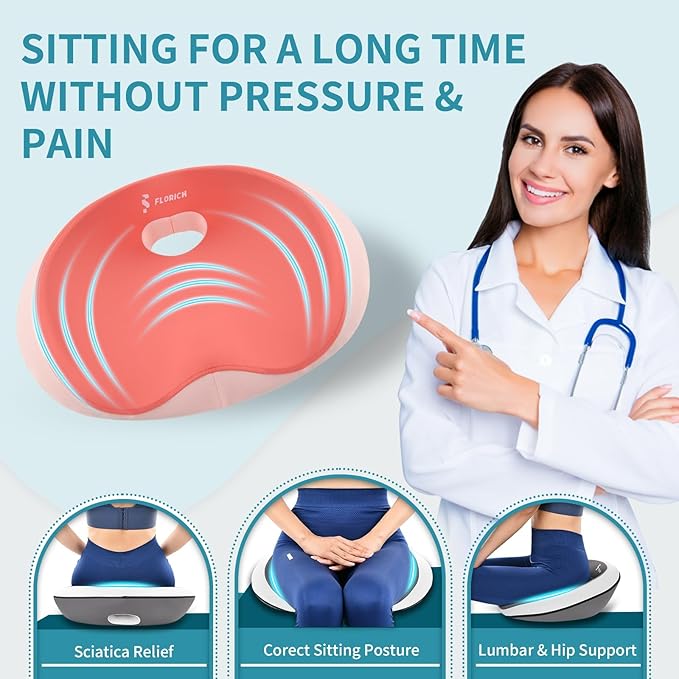 FLORICH Seat Cushion Lumbar Support Pillow for Office Chair, Car Lower Back Support, Ergonomic Desk Chair Pillow for Butt and Back Support of Memory Foam Seat Pad(Dark Pink)
