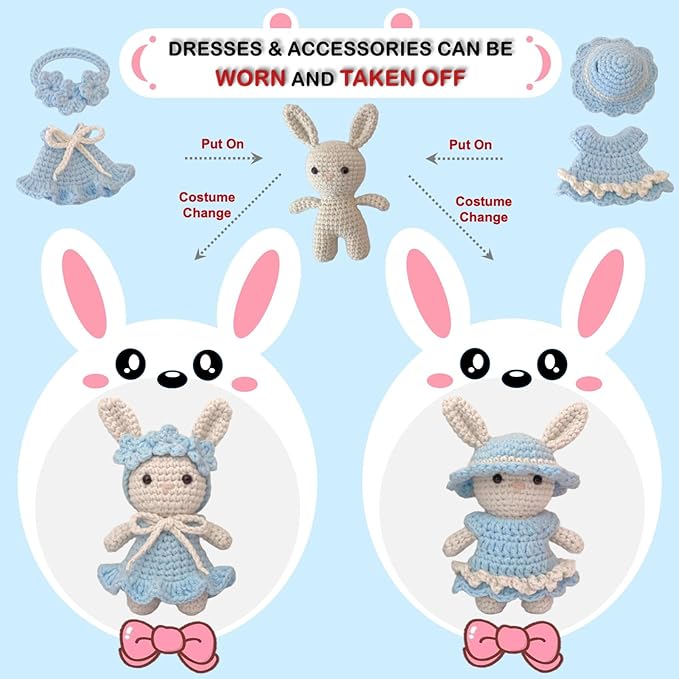 LoopMap Amigurumi Crochet Kit for Beginners with Removable Dress & Video Tutorials, DIY Bunny Making Kit Includes Premium Yarn & Tools, Creative Gift for Adults Teens (Blue)