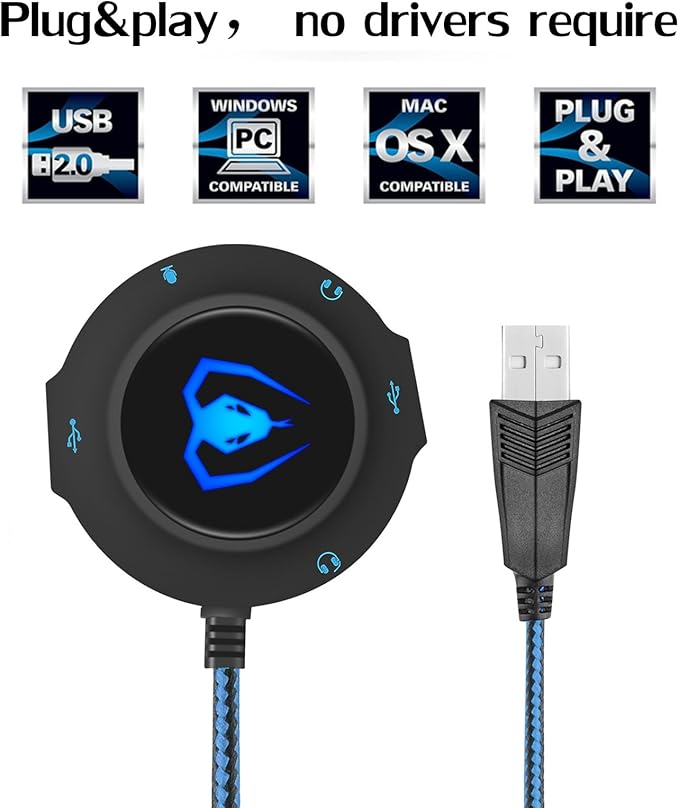 Micolindun External Sound Card USB Hubs Audio Adapter to USB Port & 3.5mm Audio & Micro Jack for PC Laptop. Plug and Play (Blue)