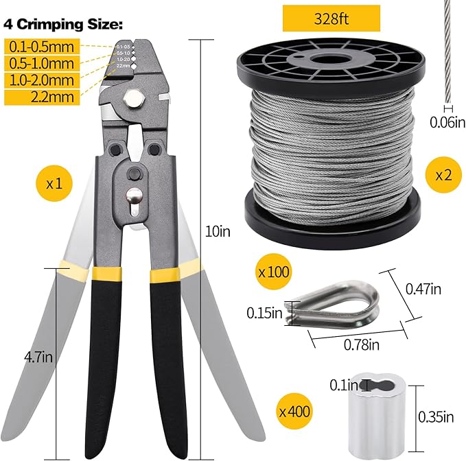 656ft Wire Rope Crimping Tool Kit, 1/16" Stainless Steel Wire Rope Cable with Aluminum Crimping Sleeves and Stainless Steel Thimbles for Railing, Decking, Picture Hanging