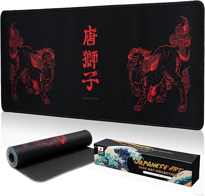 BELLEMOND Japanese Art Desk Mat | Large 31.5x11.8in Anime Mouse Pad for Keyboard & Mouse | Non-Slip Base, Water-Repellent | Original Japanese Design | Kara-jishi - Twin Lions