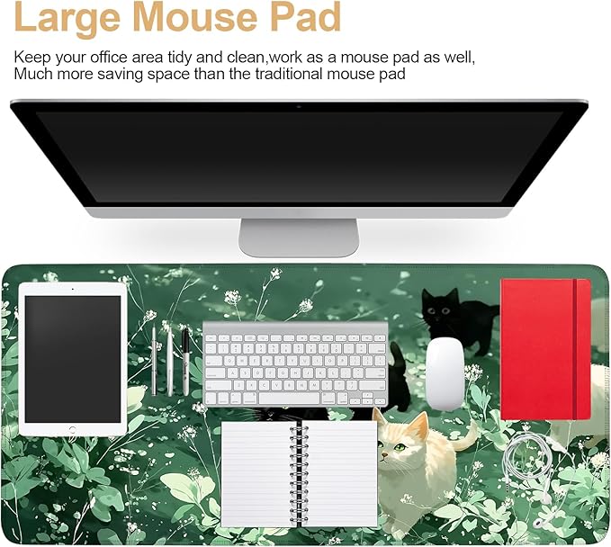 Large Mouse Pad, Cute Cat Gaming Mouse Pad Desk Mat, Non-Slip Base Extended Keyboard Mat, Thick 3mm Smooth Surface Mousepad for Office & Home, 35.5 x 15.8 Inch