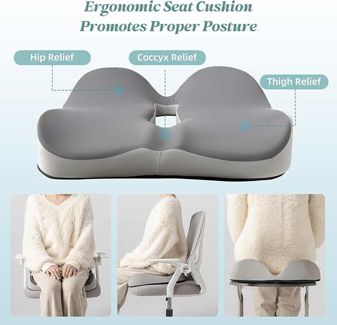 SheRest Seat Cushion, Ergonomic Memory Foam Cooling Cushion, Pressure Relief Suitable for Long Sitting Hours on Office Chairs, Desks, Cars and Airplane Seats, Duplex Gray