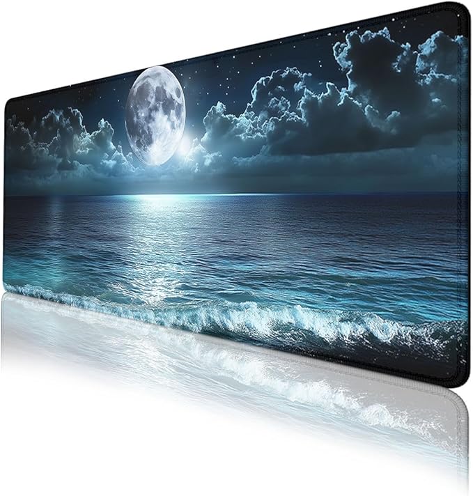 Night Beach Gaming Mouse Pad Moonlit Ocean Mystic Sea Large Gaming Mouse Mat with Stitched Edges,Non-Slip Waterproof Rubber Base Mous Mat 31.5"x11.8"
