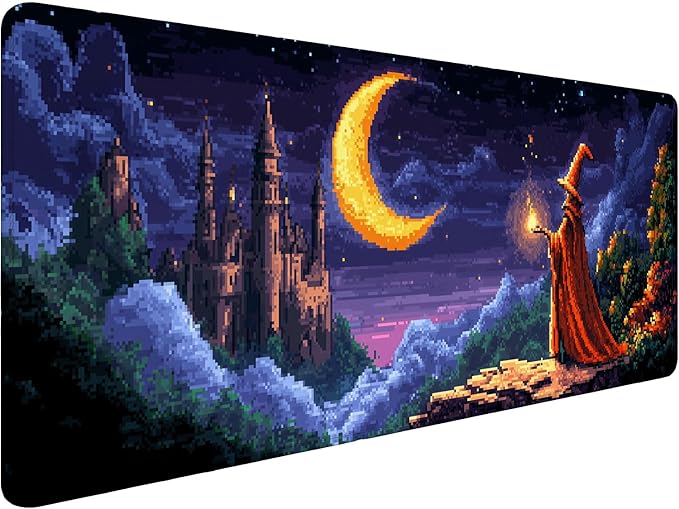 Pixel Art Desk Mat Wizard Magic Moon Mysterious Castle Large Gaming Mouse Mat with Stitched Edges,Non-Slip Waterproof Rubber Base Mous Mat 31.5"x11.8" Office Computer Keyboard Laptop Home