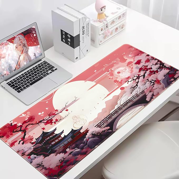 FreeNook Japanese Large Gaming Mouse Pad 35.4 x 15.7 in Computer Mouse Pad Anime Gaming Mousepad, Expanded Architecture Cute Desk Pad with Nop-Slip Suitable for Home Office