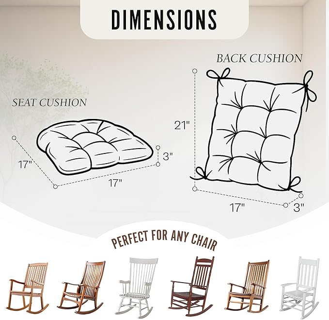 Klear Vu The Gripper Non-Slip Rocking Chair Cushion Set with Thick Padding, Includes Seat Pad & Back Pillow with Ties for Indoor Living Room Rocker, 17x17 Inches, 2 Piece Set, Ivory
