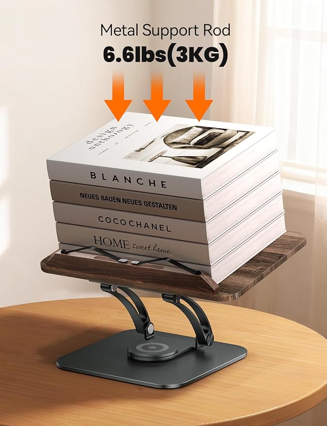 Tounee Book Stand for Reading, Adjustable Book Holder with 360° Swivel Base, Foldable Cookbook Stand Recipe Book Holder with Elastic Page Clips for Music Scores, Recipe, Tablet, Laptop-Gray